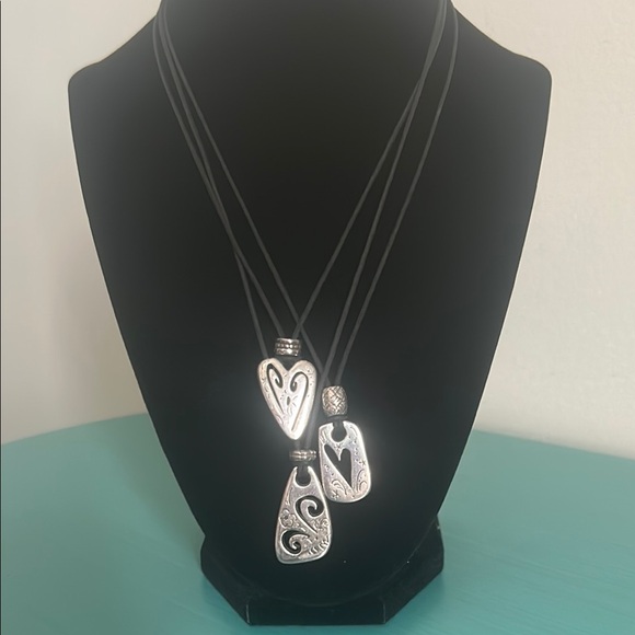 Brighton Retired Brazilian Triple Hearts Silver Charm Pendant Black Necklace - Picture 1 of 10